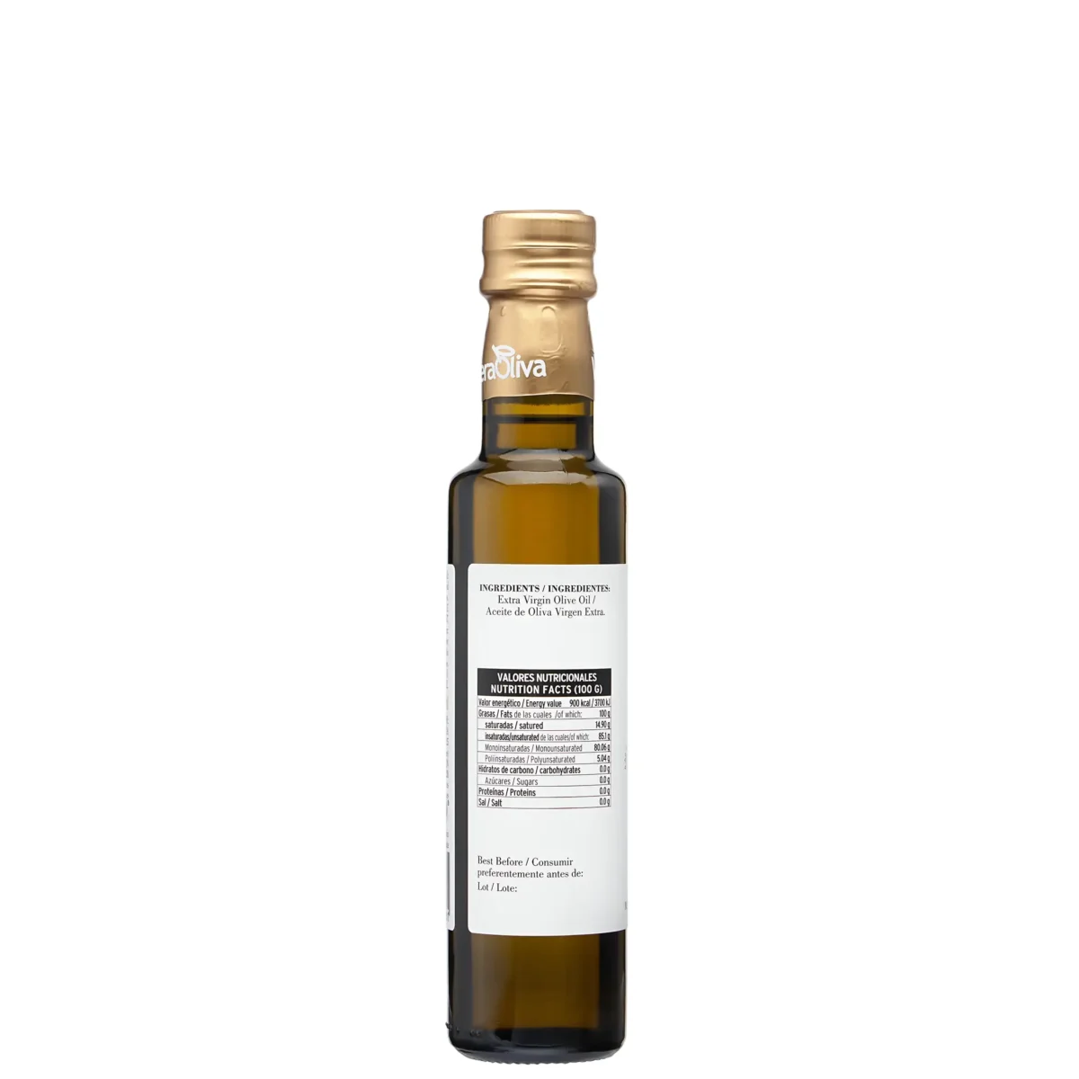 Aceite de oliva virgen extra botella 250ml manzanilla cacereña VeraOliva información nutricional