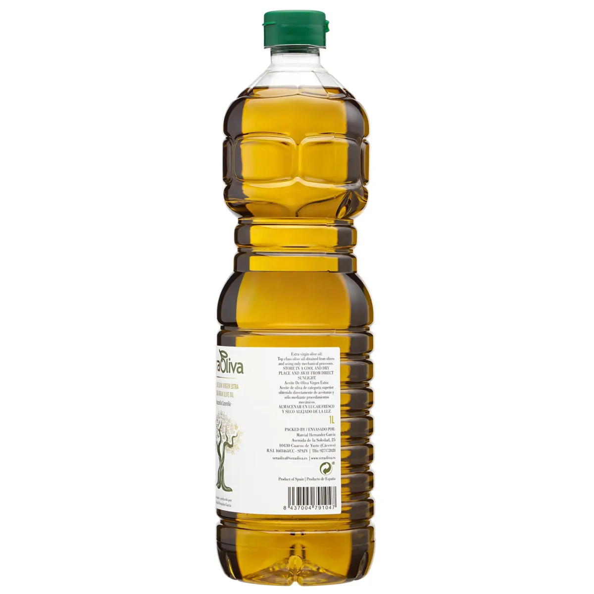 Aceite de oliva virgen extra en garrafa de 1L de manzanilla cacereña producto artesanal de VeraOliva etiqueta de descripción