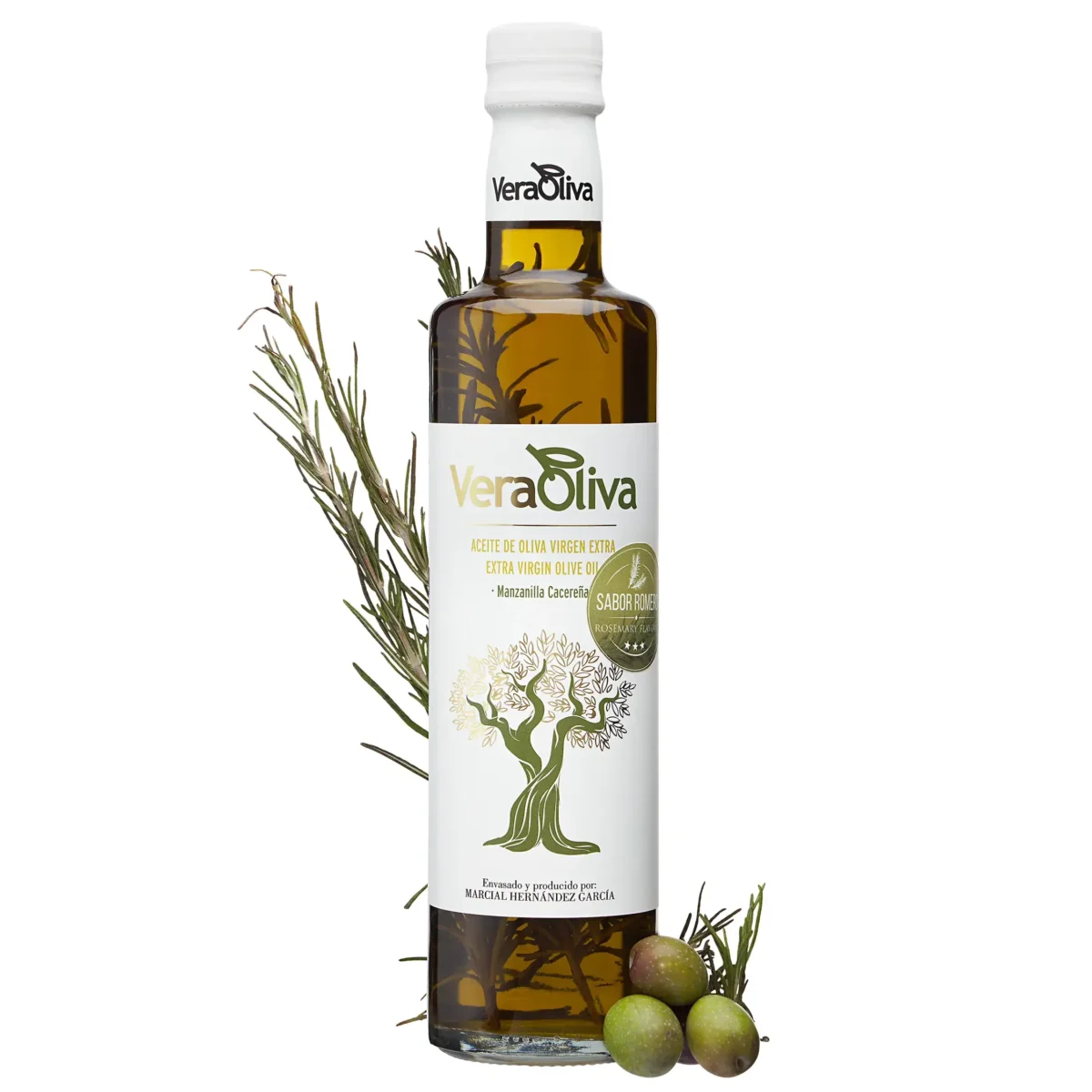 Aceite de oliva virgen extra manzanilla cacereña con sabor a romero en botella de 500ml calidad gourmet VeraOliva imagen artística