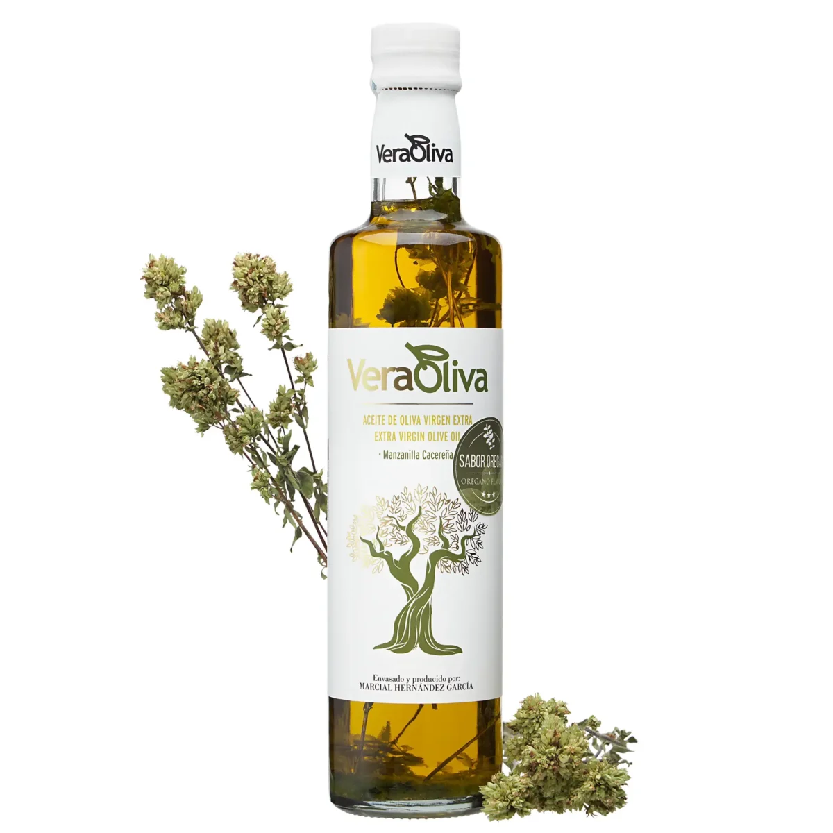 Aceite de oliva virgen extra sabor orégano botella de 500ml manzanilla cacereña VeraOliva imagen artística