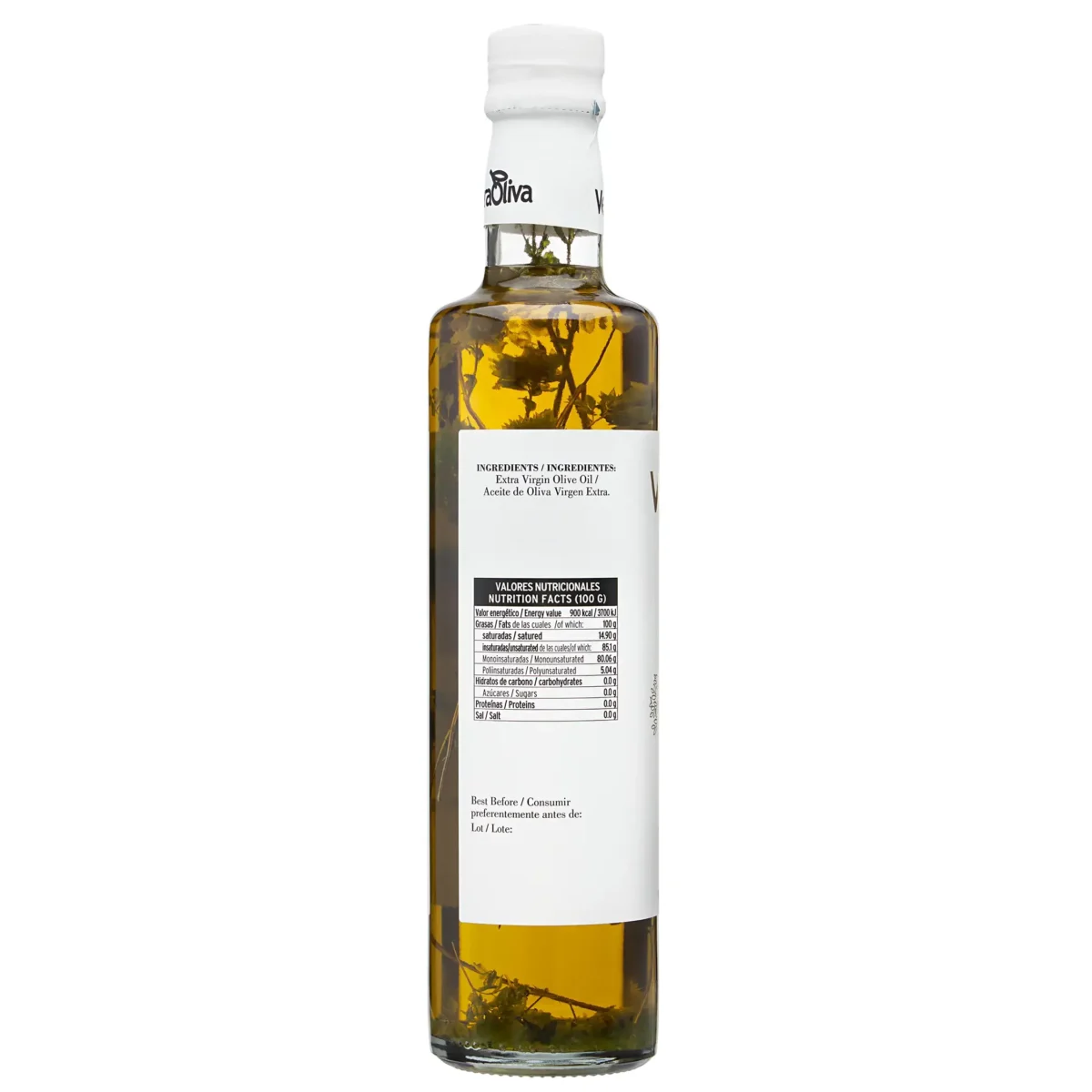 Aceite de oliva virgen extra sabor orégano botella de 500ml manzanilla cacereña VeraOliva información nutricional
